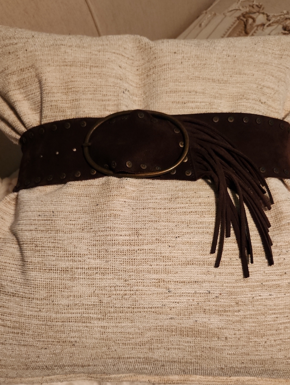 Garuglieri Italian Suede Waist Belt with Oval Buckle and Fringe Detail - Brown